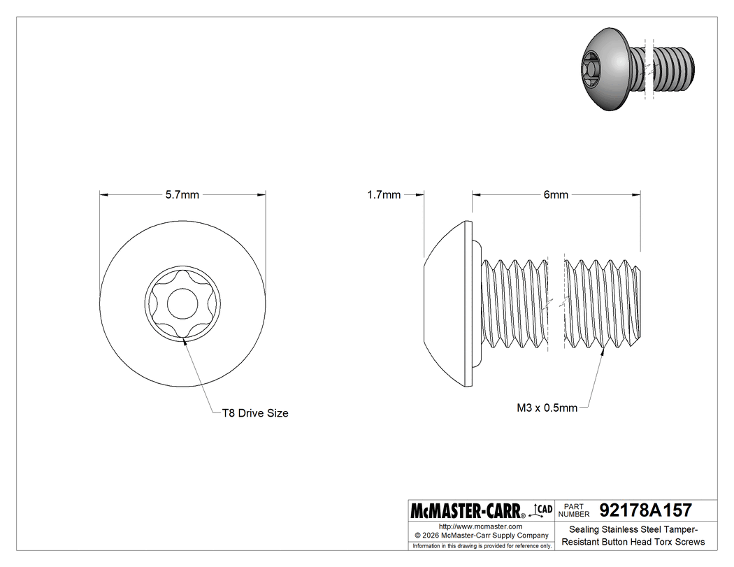 Technical Drawing of Sealing Stainless Steel Tamper-Resistant Button Head Torx Screws, with Buna-N Rubber O-Ring, M3 x 0.5 mm Thread, 6 mm Long.